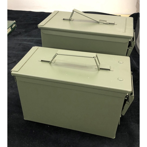 7006 - 2 modern metallic khaki green ammunition boxes, 18.5 x .205 x 22.5cm and 15.5 x 30 x 18.5cm. (As new... 