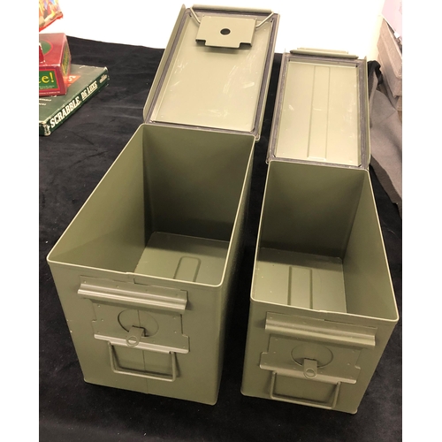 7006 - 2 modern metallic khaki green ammunition boxes, 18.5 x .205 x 22.5cm and 15.5 x 30 x 18.5cm. (As new... 