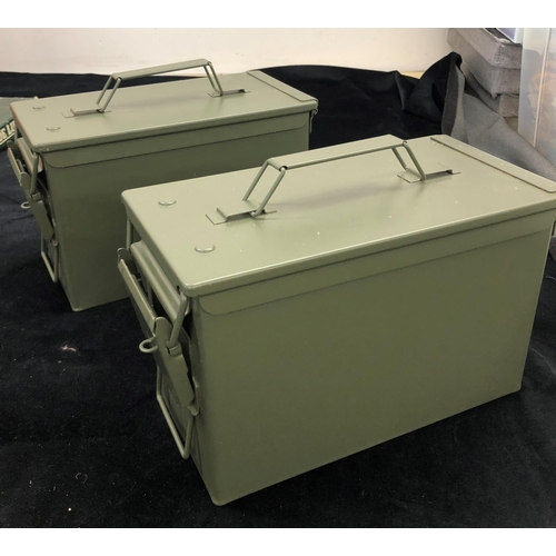 7007 - A pair of modern metallic khaki green ammunition boxes, 15.5 x 30 x 18.5cm. (As new).