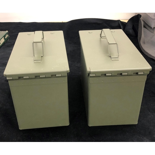 7007 - A pair of modern metallic khaki green ammunition boxes, 15.5 x 30 x 18.5cm. (As new).