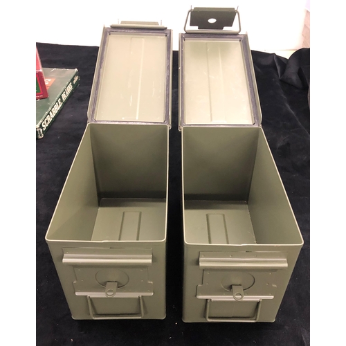 7007 - A pair of modern metallic khaki green ammunition boxes, 15.5 x 30 x 18.5cm. (As new).