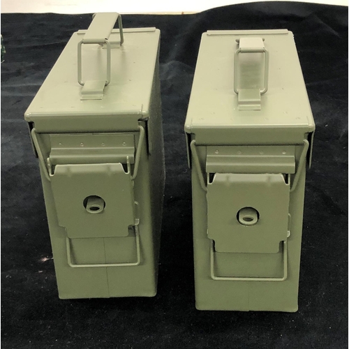 7008 - A pair of modern metallic khaki green ammunition boxes, 9.5 x 27.5 x 18cm. (As new).