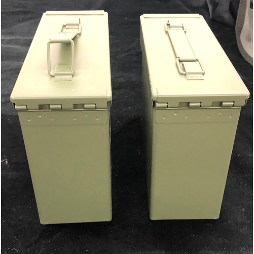 7008 - A pair of modern metallic khaki green ammunition boxes, 9.5 x 27.5 x 18cm. (As new).