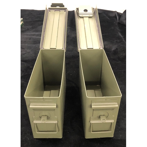 7008 - A pair of modern metallic khaki green ammunition boxes, 9.5 x 27.5 x 18cm. (As new).