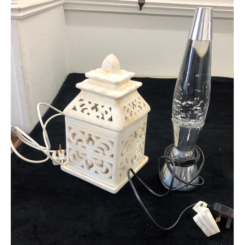 7017 - A Mathmos lava style lamp, 43cm high overall and a white ceramic Pagoda shaped ornament in 3 section... 