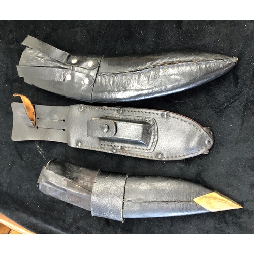 7031 - 3 Khukuri knives with 2 leather sheaths, 1 with 2 small penknives and 1 other knife stamped Japan wi... 