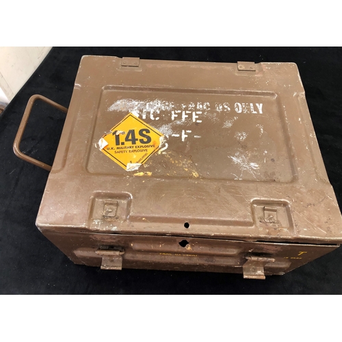 7033 - A brown metallic Military ammunitions box labelled 1.4S U.K. Military Safety Explosive, 47cm wide, 4... 