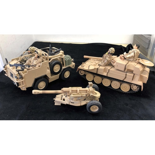 7046 - An HM Armed Forces scale model  tank and  armoured vehicle, 4 soldiers in camouflage, various access... 