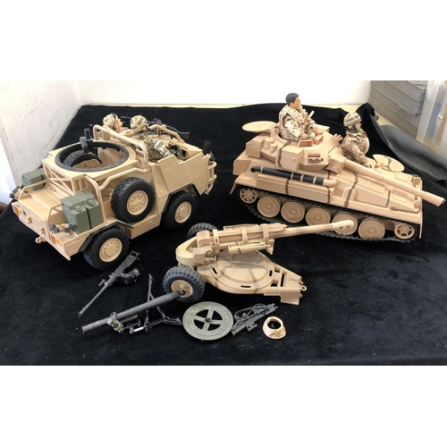 7046 - An HM Armed Forces scale model  tank and  armoured vehicle, 4 soldiers in camouflage, various access... 