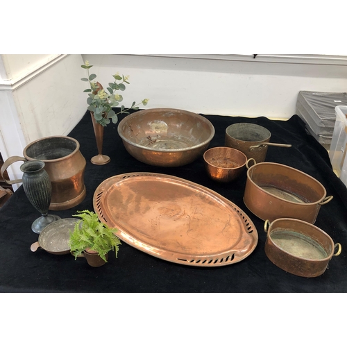 7057 - A large copper jam pot 46.5cm diameter, an oval copper tray, 67cm long and a quantity of various oth... 