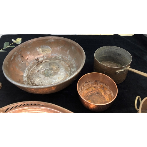 7057 - A large copper jam pot 46.5cm diameter, an oval copper tray, 67cm long and a quantity of various oth... 