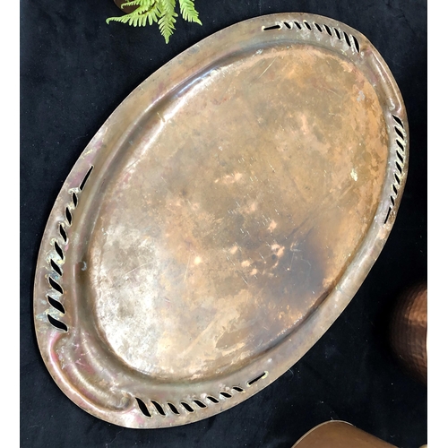 7057 - A large copper jam pot 46.5cm diameter, an oval copper tray, 67cm long and a quantity of various oth... 