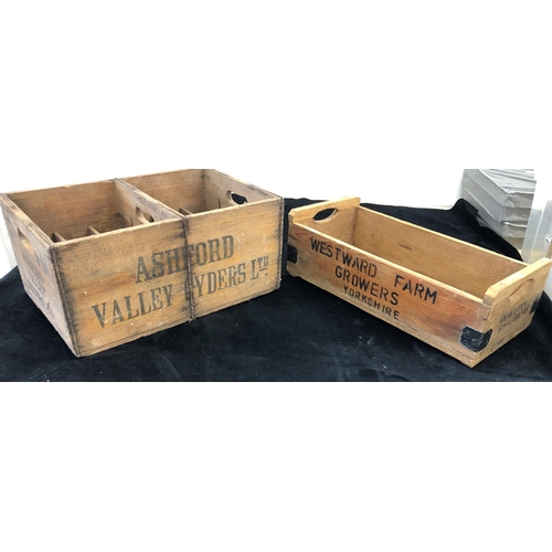 7058 - A wooden cider bottle box and a wooden rhubarb box.