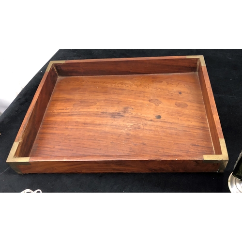 7066 - A Vintage Household Scale, (missing pan), 29cm high, a wood and brass tray, 34 x 25cm (stains to int... 