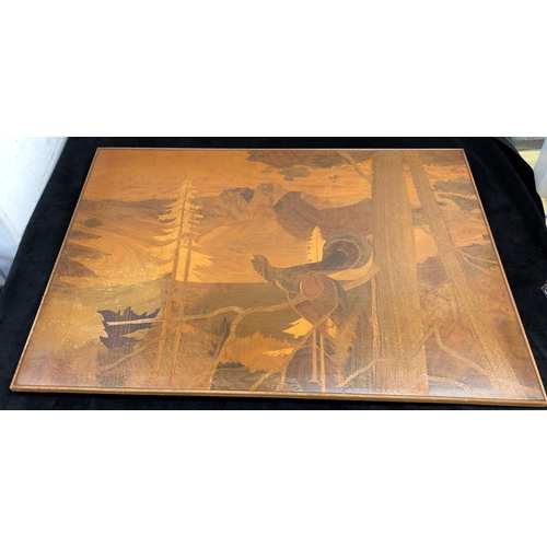 7072 - A large wood block picture of trees, mountain and bird, 77 x 107.5cm (some flaking varnish)