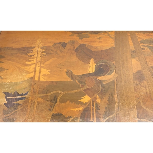 7072 - A large wood block picture of trees, mountain and bird, 77 x 107.5cm (some flaking varnish)