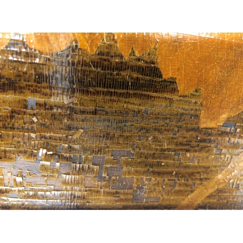 7072 - A large wood block picture of trees, mountain and bird, 77 x 107.5cm (some flaking varnish)