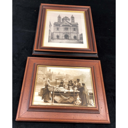 7076 - A print of a church, 25.5 x 32cm in wood frame and a sepia print of people by a market stall, 26 x 1... 