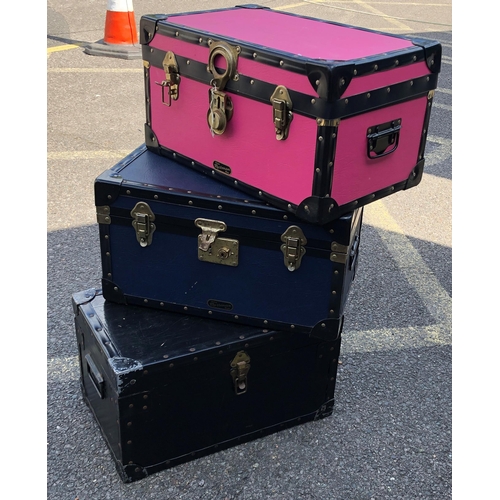 7097 - 2 Mossman miniature trunks (pink and blue), 51.5cm wide, 32cm deep, 28cm high and 1 other black trun... 