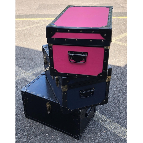 7097 - 2 Mossman miniature trunks (pink and blue), 51.5cm wide, 32cm deep, 28cm high and 1 other black trun... 