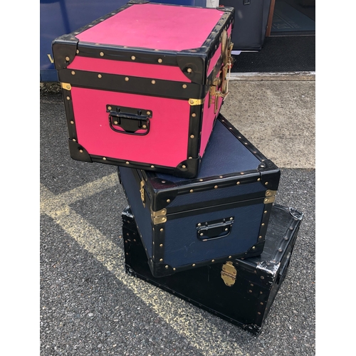 7097 - 2 Mossman miniature trunks (pink and blue), 51.5cm wide, 32cm deep, 28cm high and 1 other black trun... 