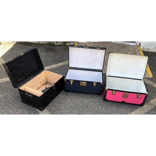 7097 - 2 Mossman miniature trunks (pink and blue), 51.5cm wide, 32cm deep, 28cm high and 1 other black trun... 