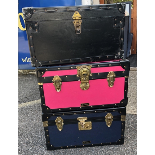 7097 - 2 Mossman miniature trunks (pink and blue), 51.5cm wide, 32cm deep, 28cm high and 1 other black trun... 