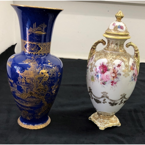 7140 - A Noritake 2-handled lidded vase, 32cm high and a blue glazed vase with Oriental gilt pattern stampe... 