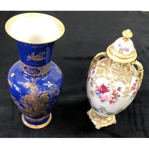 7140 - A Noritake 2-handled lidded vase, 32cm high and a blue glazed vase with Oriental gilt pattern stampe... 