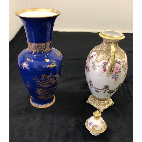 7140 - A Noritake 2-handled lidded vase, 32cm high and a blue glazed vase with Oriental gilt pattern stampe... 