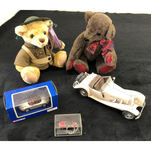 7156 - A Military Heroes Trust Commemorative Teddy Bear, a Sleepy Hollow Teddy Bear, a Corgi Porsche Boxste... 