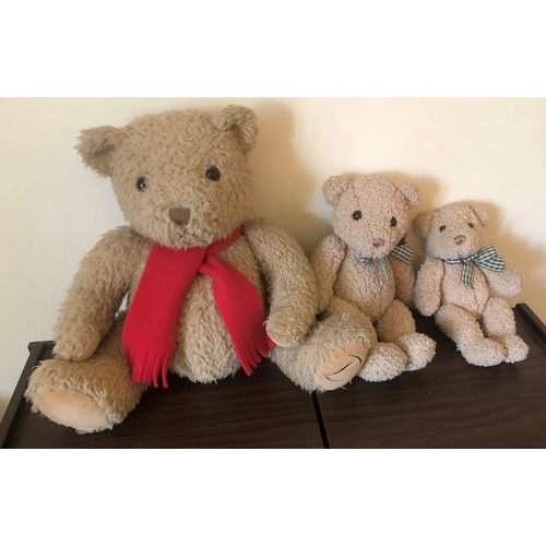 7163 - 3 Teddy Bears, largest sitting bear with red scarf and Debenham label, 30cm high overall and 2 other... 