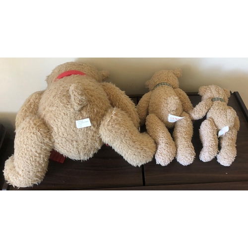 7163 - 3 Teddy Bears, largest sitting bear with red scarf and Debenham label, 30cm high overall and 2 other... 