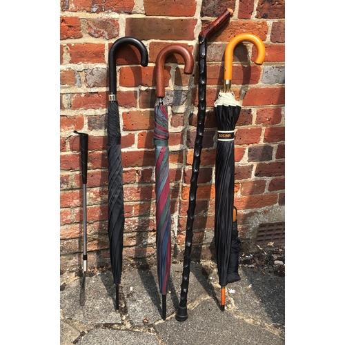 7178 - A glazed umbrella stand, 44cm high and 4 various umbrellas, 1 walking stick and 1 long handled shoe ... 