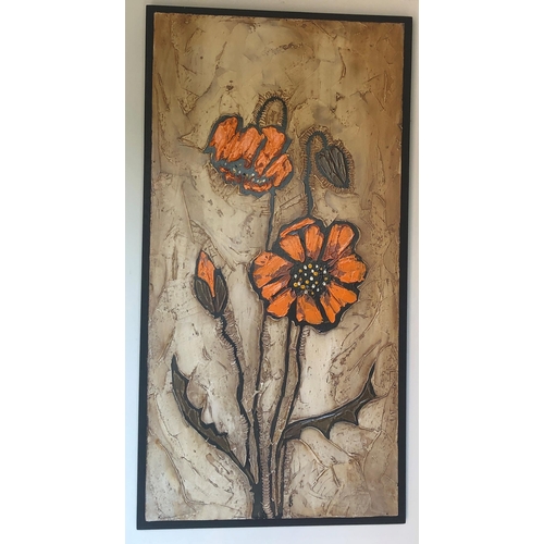 7180 - A modern picture of orange flowers, 38.5 x 94cm, mounted on wood board.