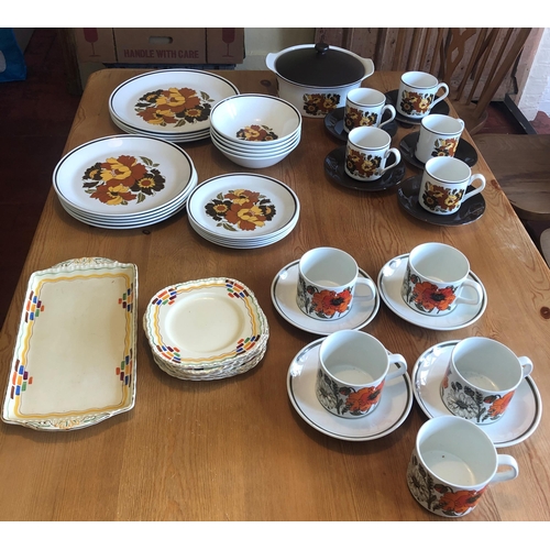 7192 - A Grindley hand painted part tea set, Harlequin pattern 784431, 5 small tea plates, 1 saucer and 1 r... 