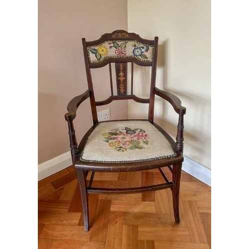 7218 - An Edwardian inlaid small wooden chair with tapestry seat and wooden back with tapestry insert, widt... 