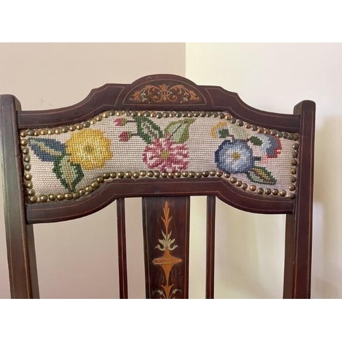 7218 - An Edwardian inlaid small wooden chair with tapestry seat and wooden back with tapestry insert, widt... 