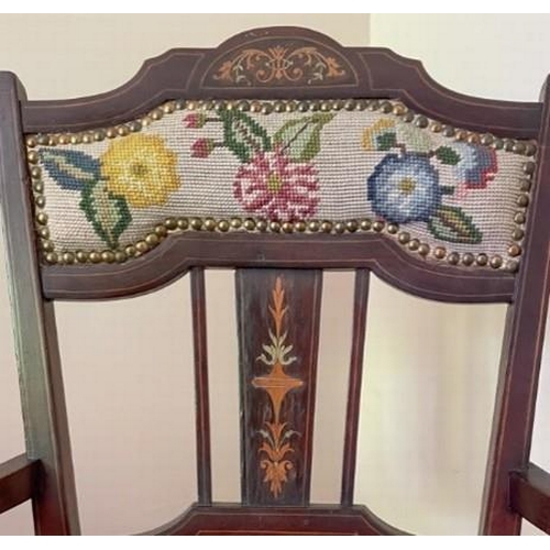 7218 - An Edwardian inlaid small wooden chair with tapestry seat and wooden back with tapestry insert, widt... 