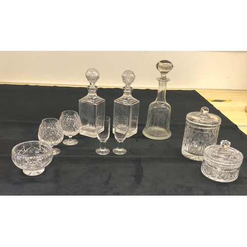 7241 - A Welsh Crystal biscuit barrel, 21cm high and similar sweet box, a pair of decanters, 28cm high, ano... 