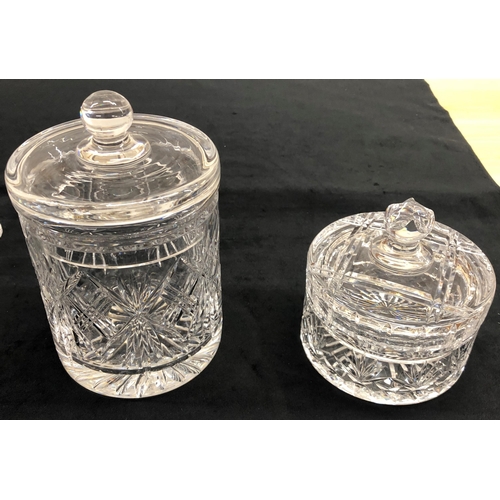 7241 - A Welsh Crystal biscuit barrel, 21cm high and similar sweet box, a pair of decanters, 28cm high, ano... 