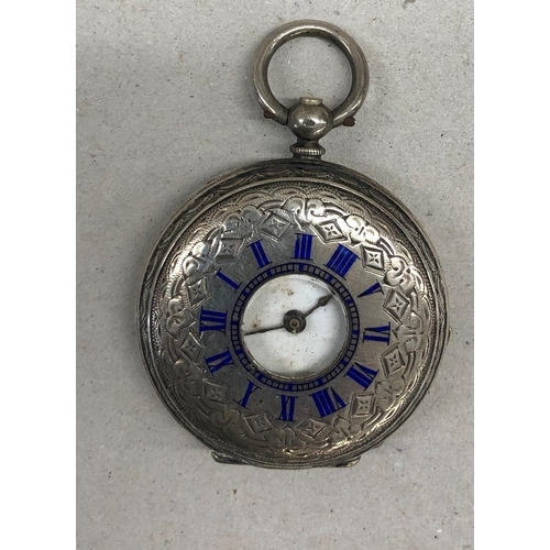 7255 - A Continental 800 silver coloured metal fob watch with blue enamel Roman numerals (not working)