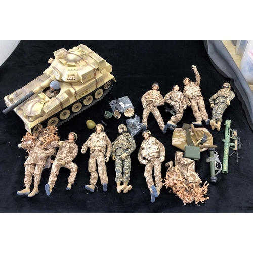 7048 - An HM Armed Forces scale model  tank,  9 Action figures all in camouflage and various accessories, a... 