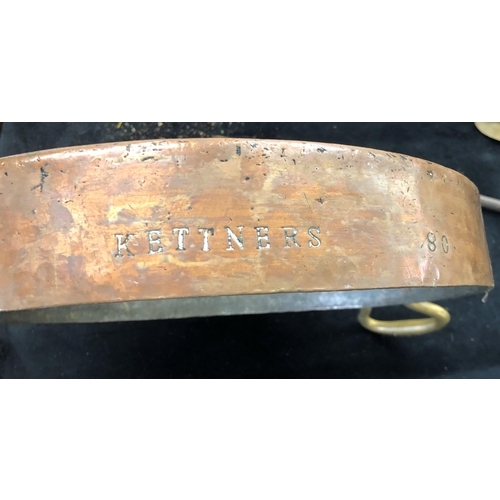 7064 - A heavy copper and brass pan, stamped Kettners to side, 37.5cm diameter excluding handles, a rectang... 