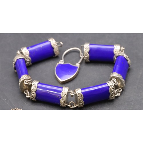 420 - A Scottish silver and lapis lazuli panel bracelet with padlock clasp