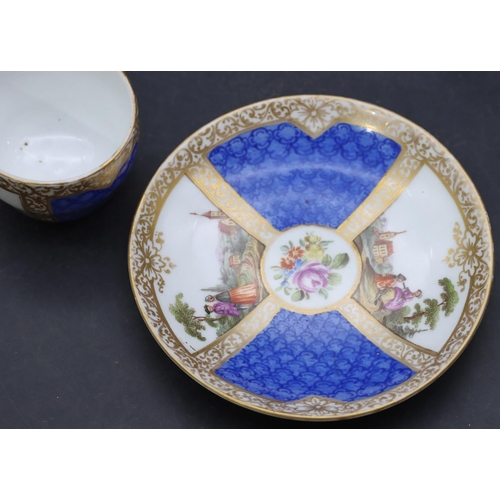 170 - A small Continental porcelain cup and saucer on blue and white ground with hand painted figure, land... 