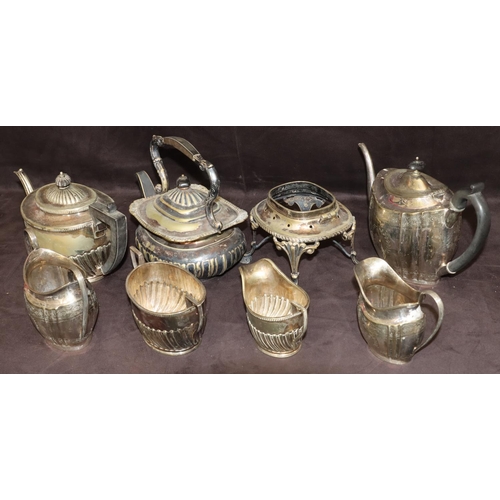 285 - A silver plated rectangular bulbous shaped kettle on stand (both clips missing and no burner) and 2 ... 