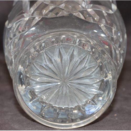 79 - A Waterford cut glass round bulbous thin necked trumpet shaped vase, 25.5cm high (Boxed)