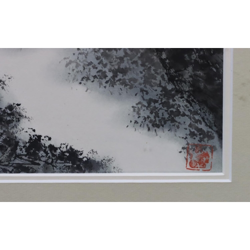 204 - An Oriental coloured print depicting misty valley, 39cm x 39cm, in gilt frame