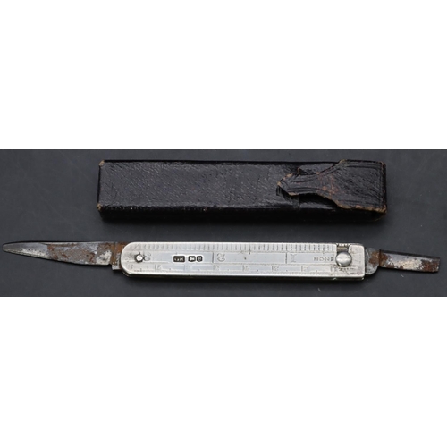 248 - An Edward VII silver fold-out ruler penknife with 2 steel blades (blades a/f) in original leather ca... 